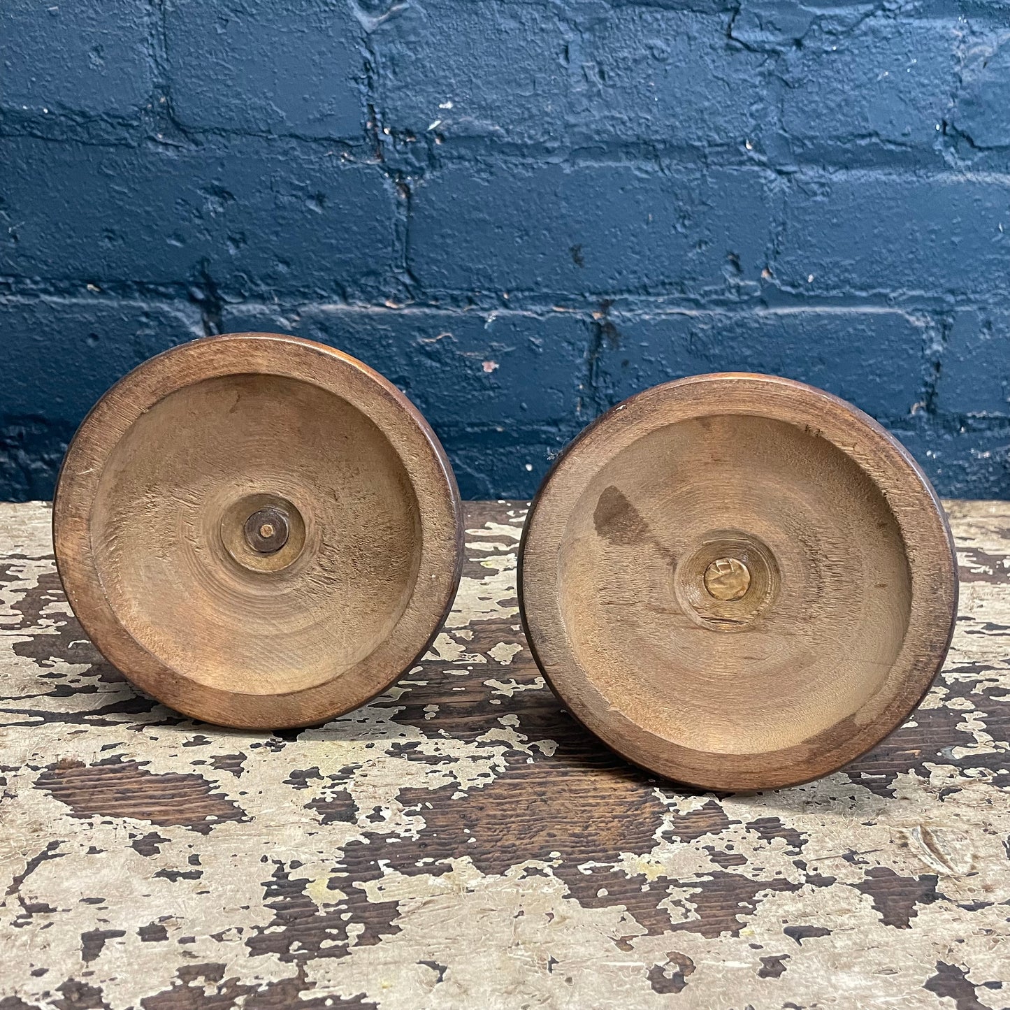 Vintage Pair Wood Turned & Carved Candle Stick Holders