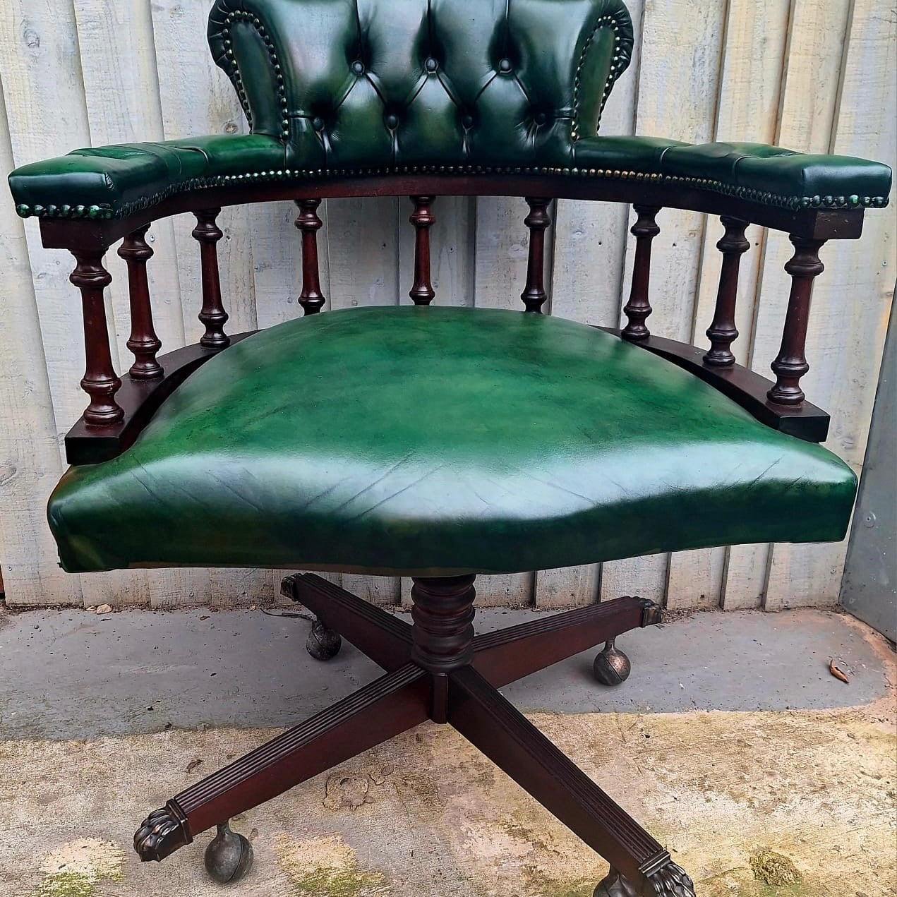 Vintage Green Leather Swivel Captains Chair