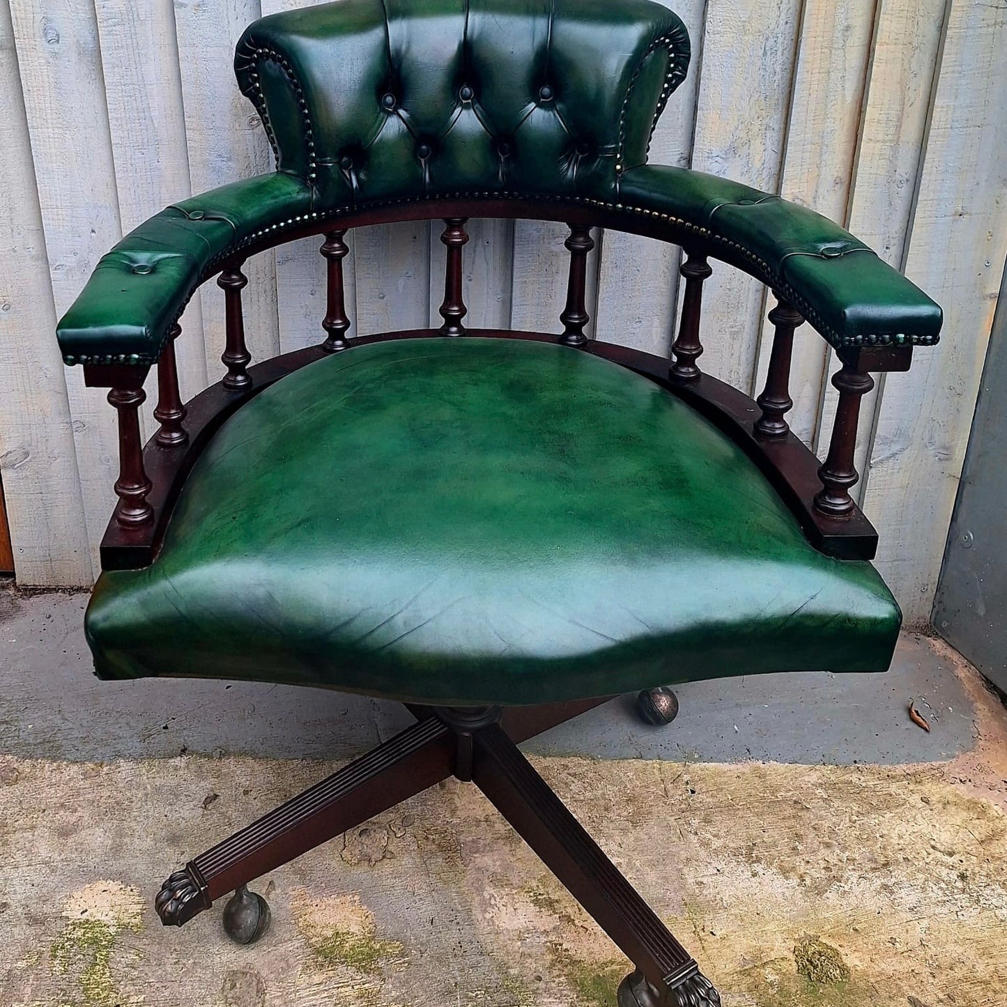 Vintage Green Leather Swivel Captains Chair