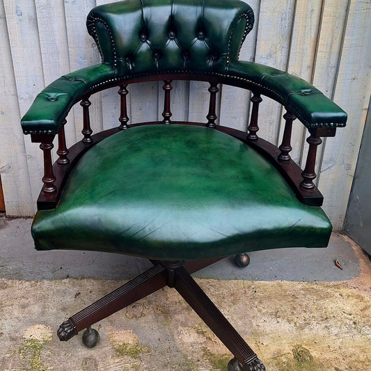 Vintage Green Leather Swivel Captains Chair