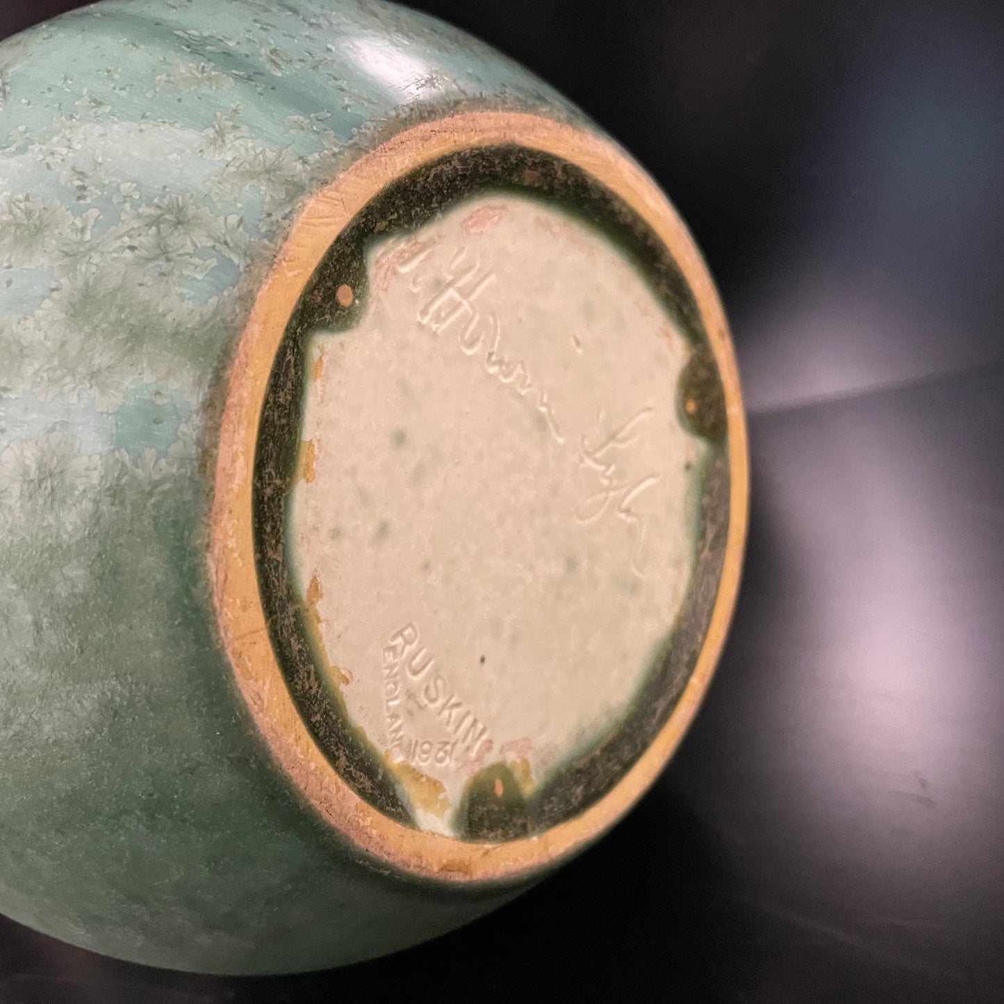 Vintage 1931 Ruskin England Pottery Green / Blue Crystalline Glazed Vase