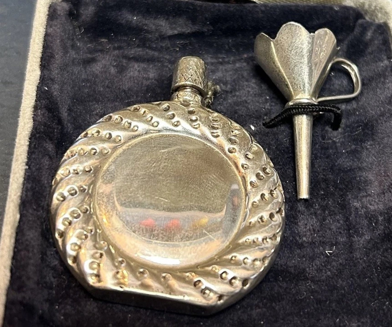 vintage silver perfume bottle and funnel