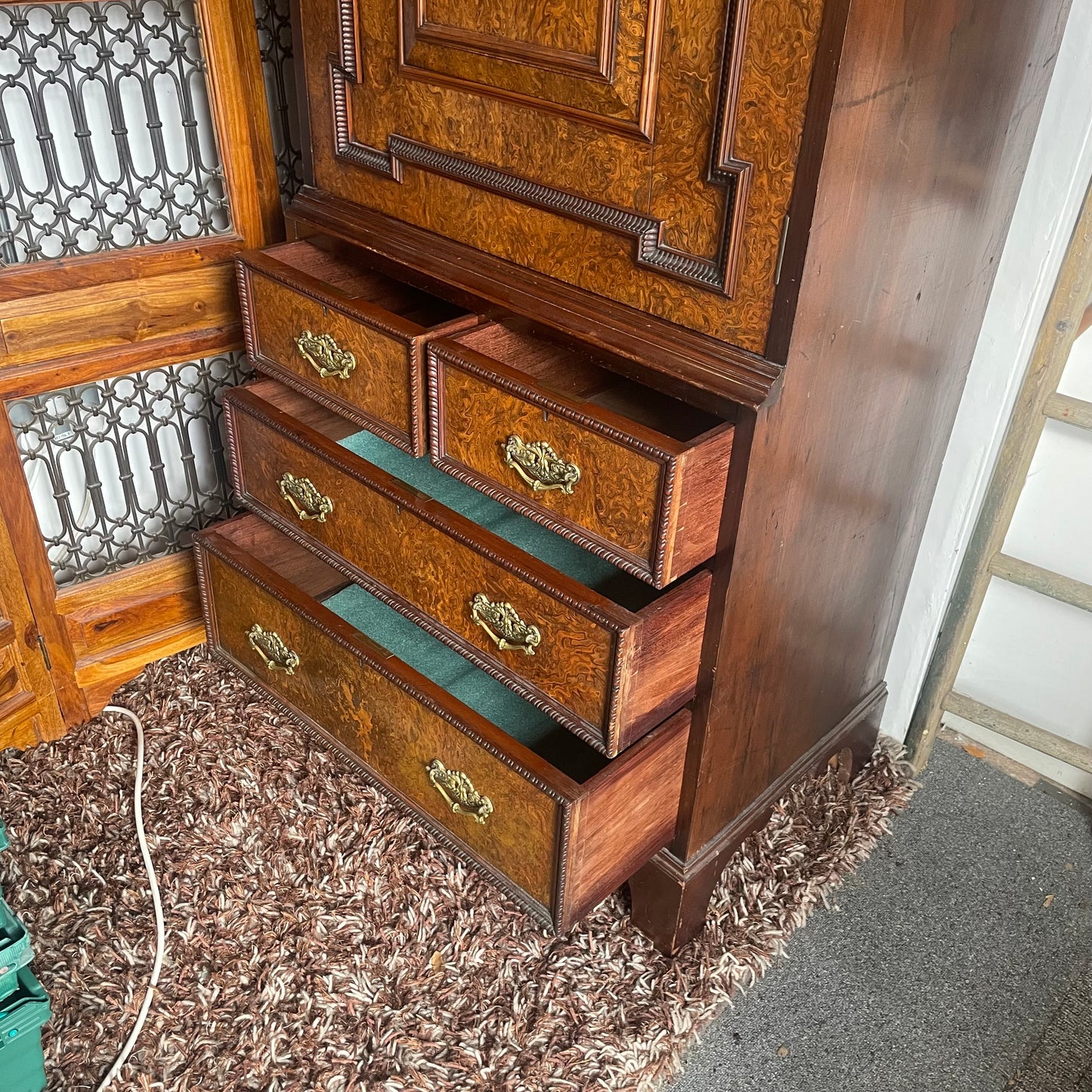 Antique Vintage Maple & Co Burr Walnut Linen Press Drawers / Cupboard
