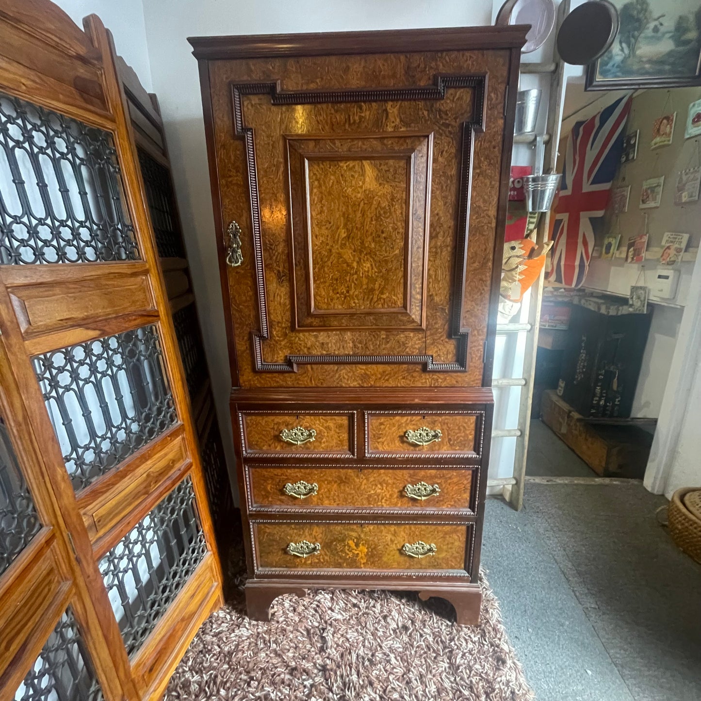 Antique Vintage Maple & Co Burr Walnut Linen Press Drawers / Cupboard