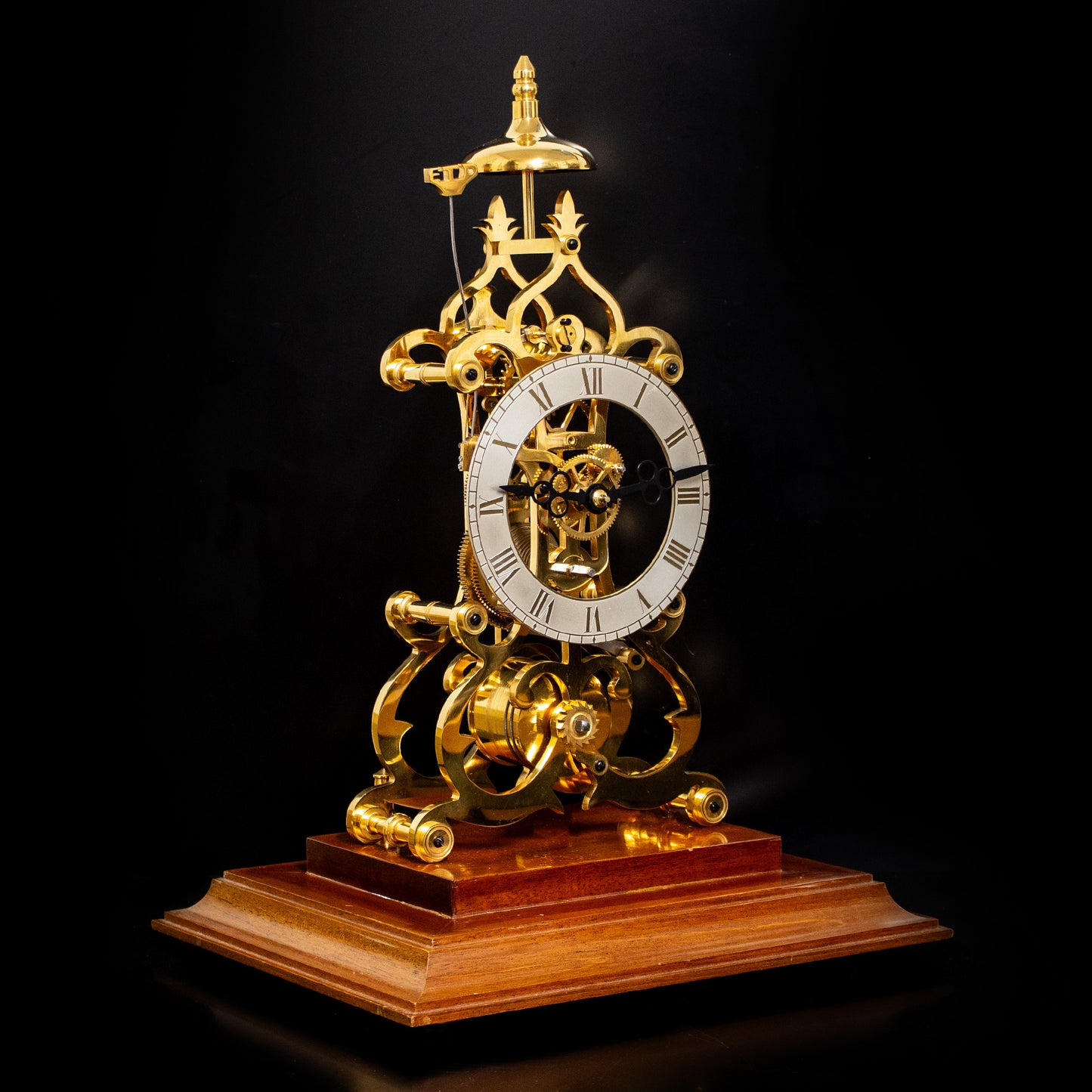 Vintage Mechanical Brass Fusee Skeleton Mantel Clock In Case