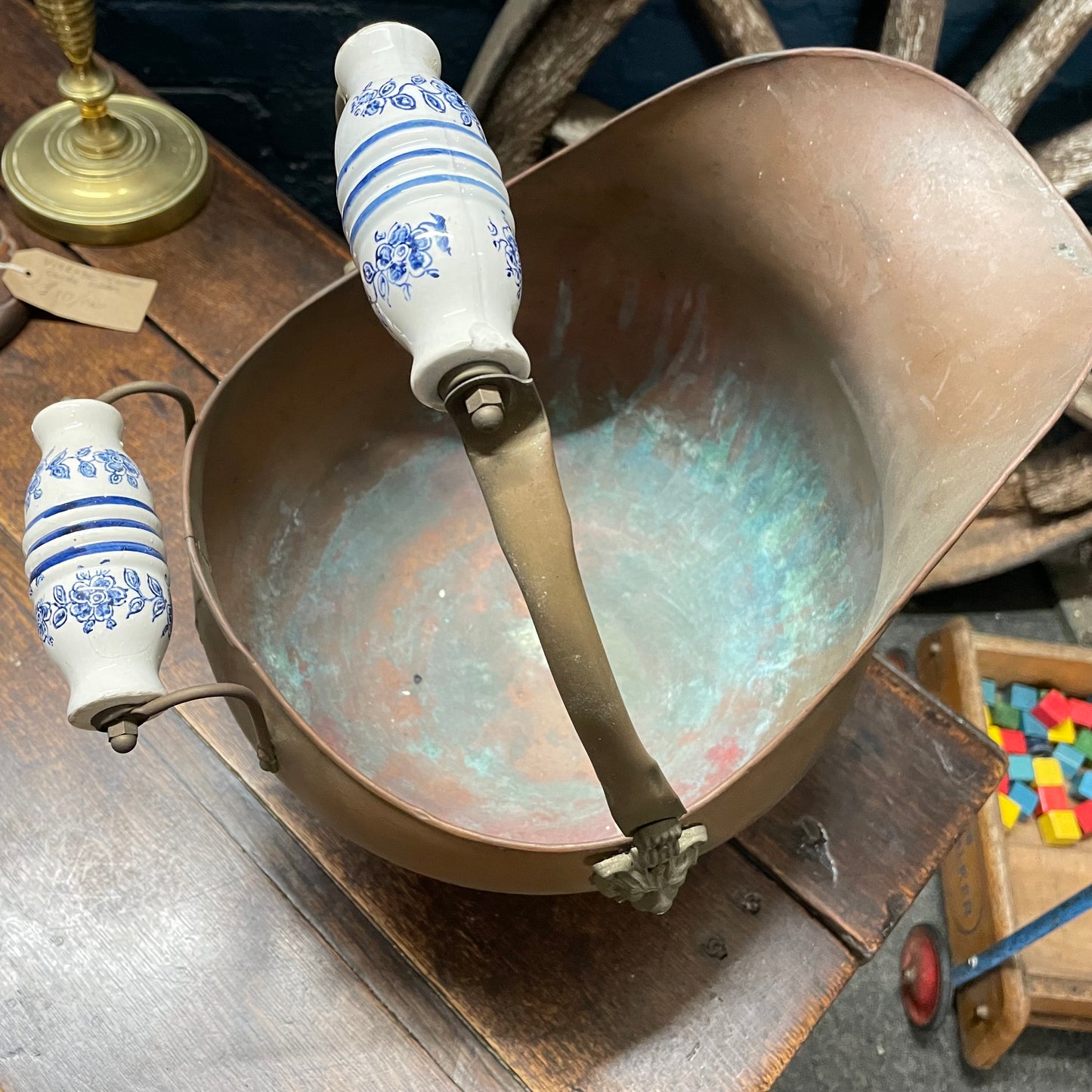 Antique Vintage Copper / Brass Lion Head Porcelain Handle Helmet Coal Scuttle