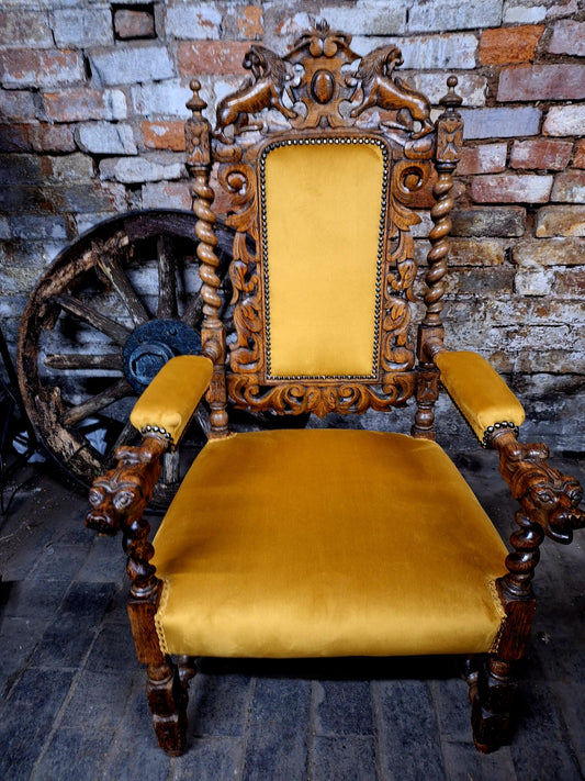 Antique Victorian Jacobean Revival Carved Throne Chair
