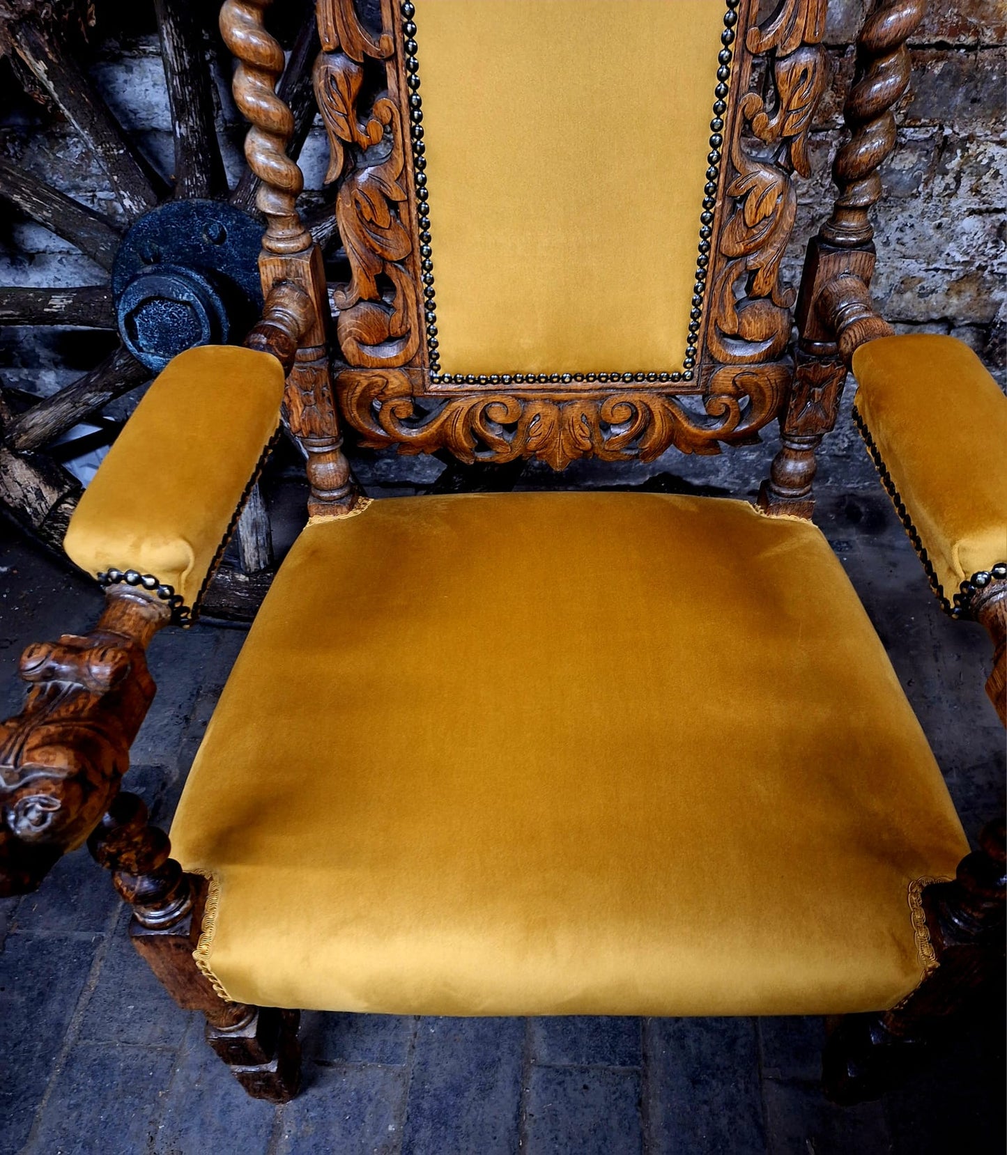 Antique Victorian Jacobean Revival Carved Throne Chair