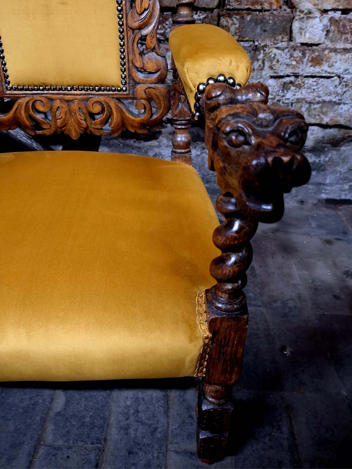 Antique Victorian Jacobean Revival Carved Throne Chair