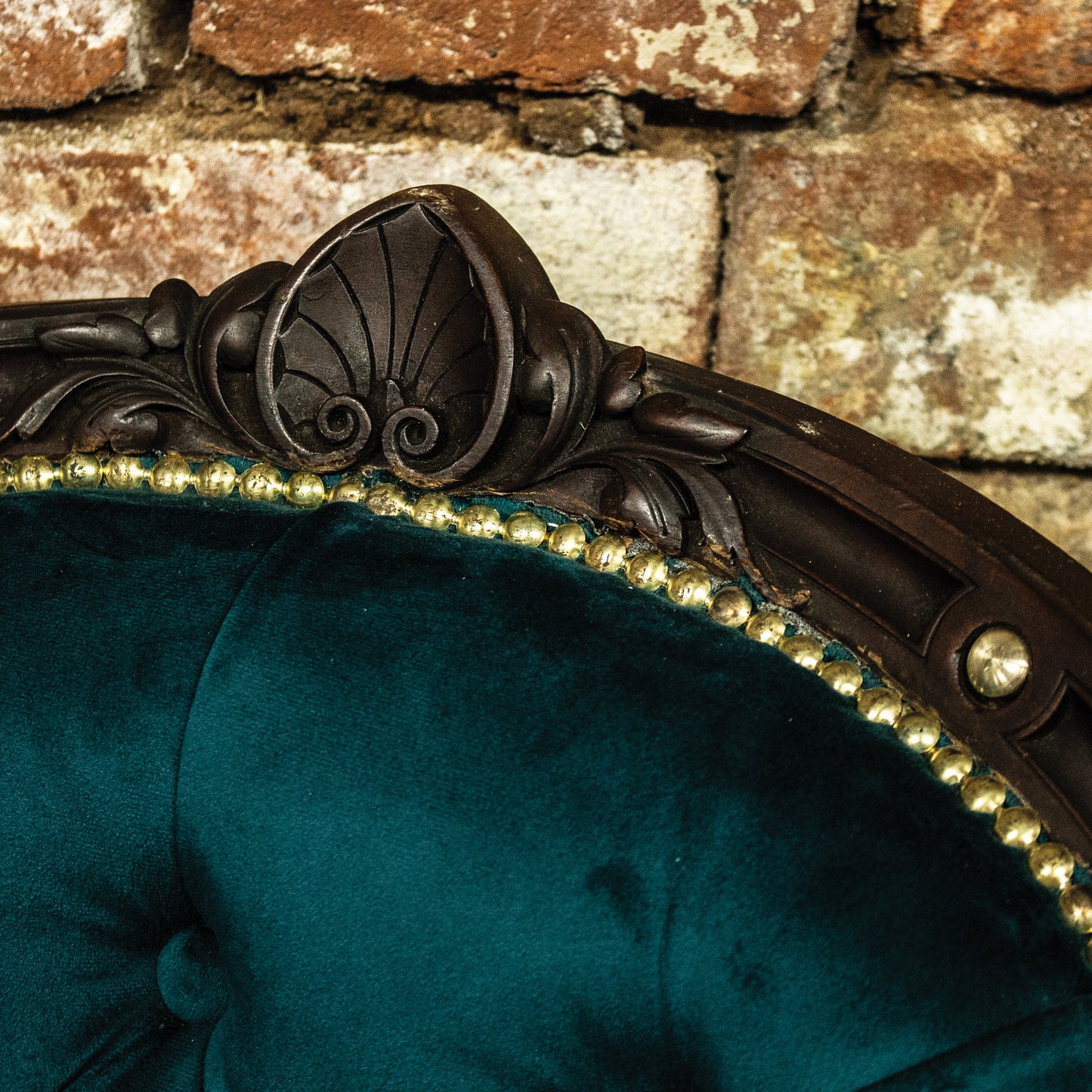 Antique Victorian Button Back Louis XV French Style Green Velvet Armchair