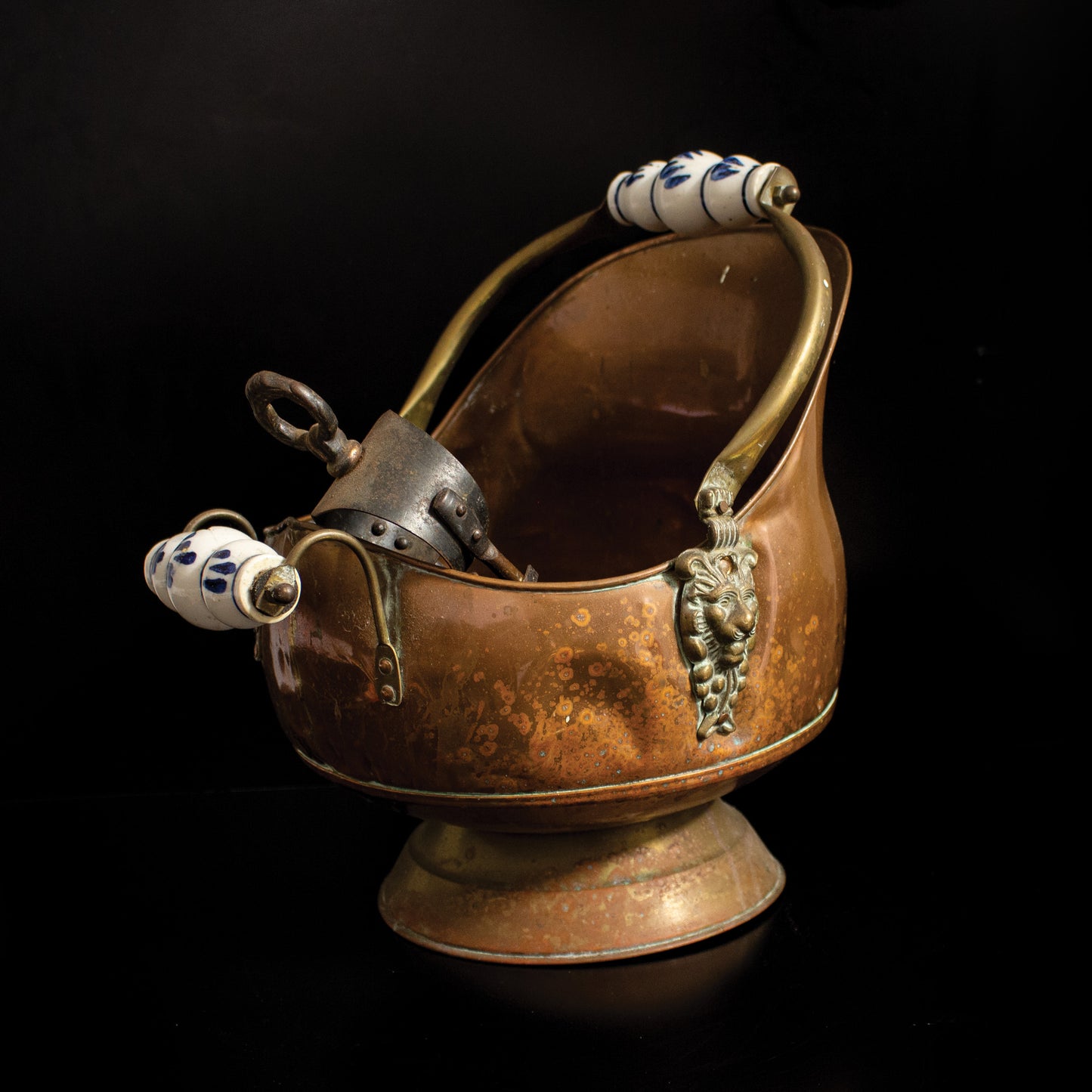 Antique Vintage Porcelain Handle Copper / Brass Coal Scuttle With Tongs