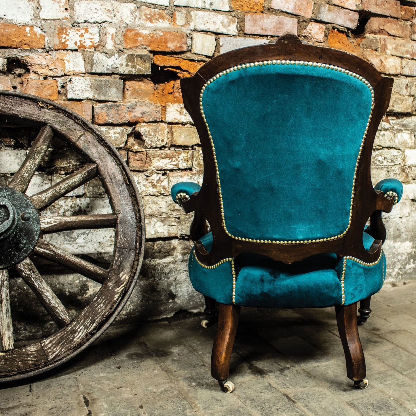 Antique Victorian Button Back Louis XV French Style Green Velvet Armchair