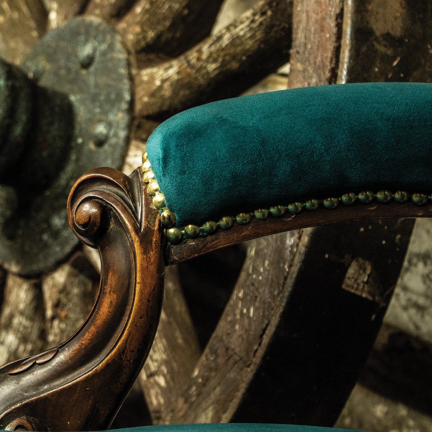 Antique Victorian Button Back Louis XV French Style Green Velvet Armchair