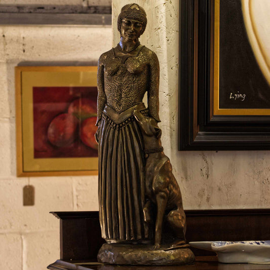 Large Resin Bronze Art Deco Lady & Dog Statue 54cm