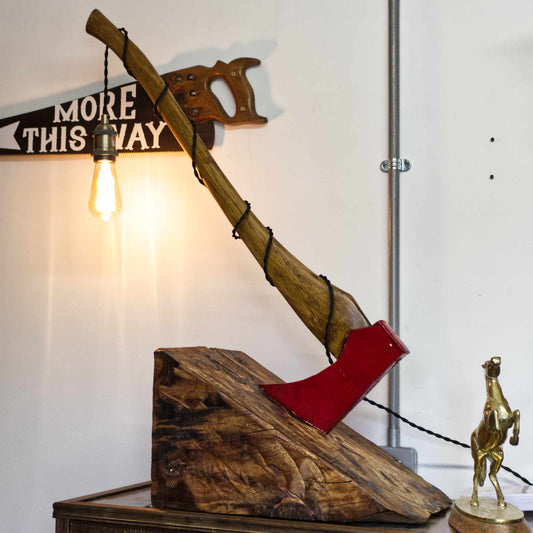 Repurposed Large Axe Table Lamp Mounted On A Solid Wood Base