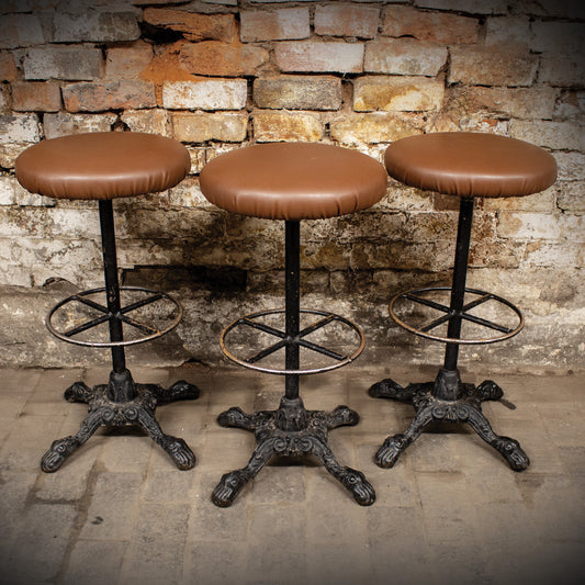 Vintage Cast Iron / Faux Leather Bar Stools x3 Very Heavy