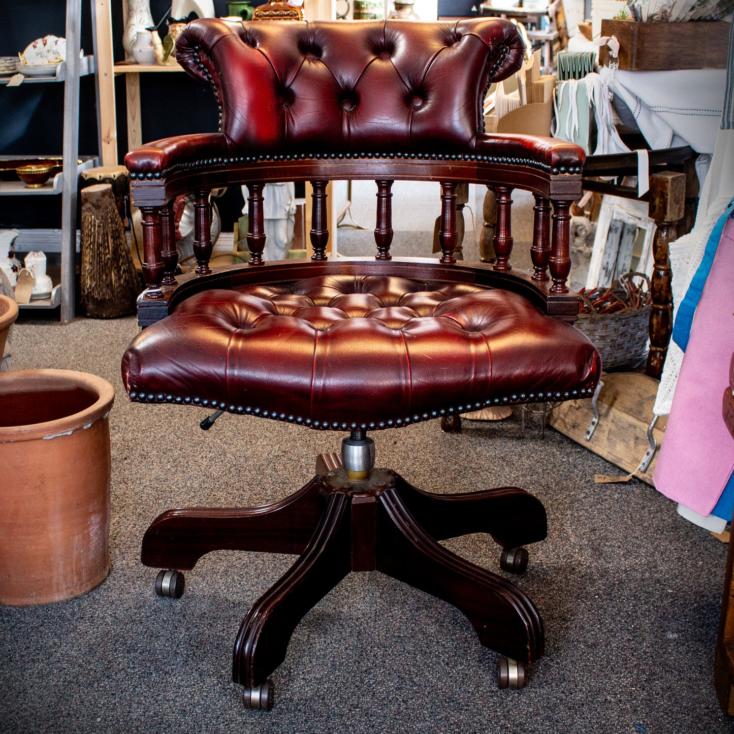 Antique Vintage Style Captains Swivel Red Leather Desk Chair