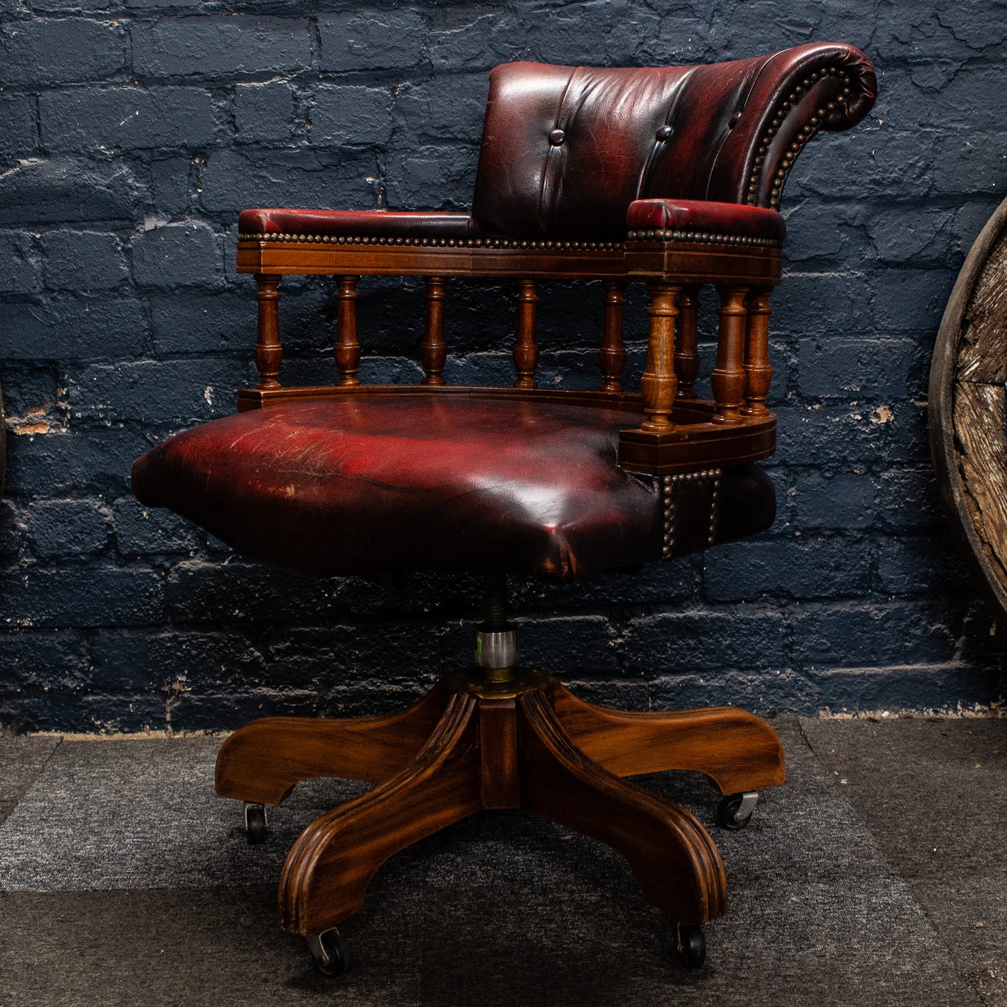 Antique Vintage Style Captains Swivel Red Leather Desk Chair