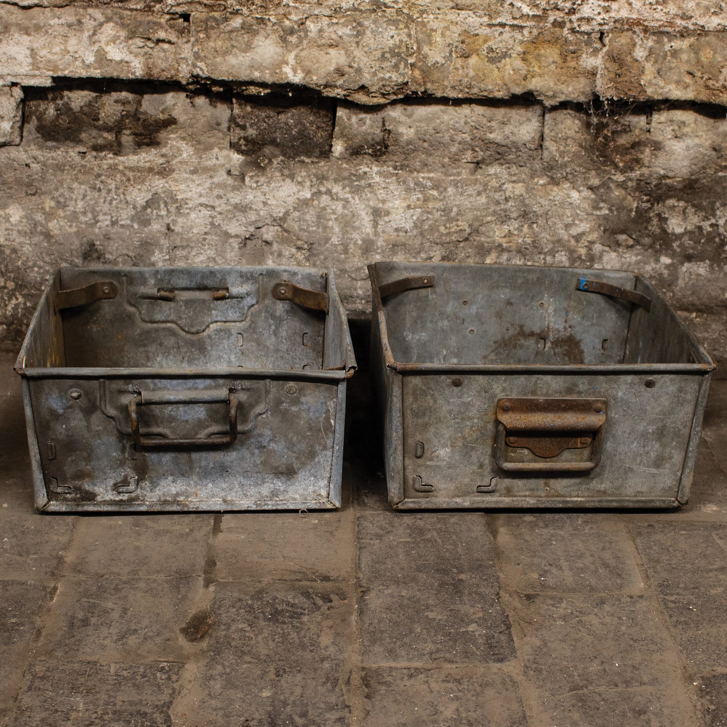 Vintage Pair Metal Galvanised Factory Part Bins Storage Boxes