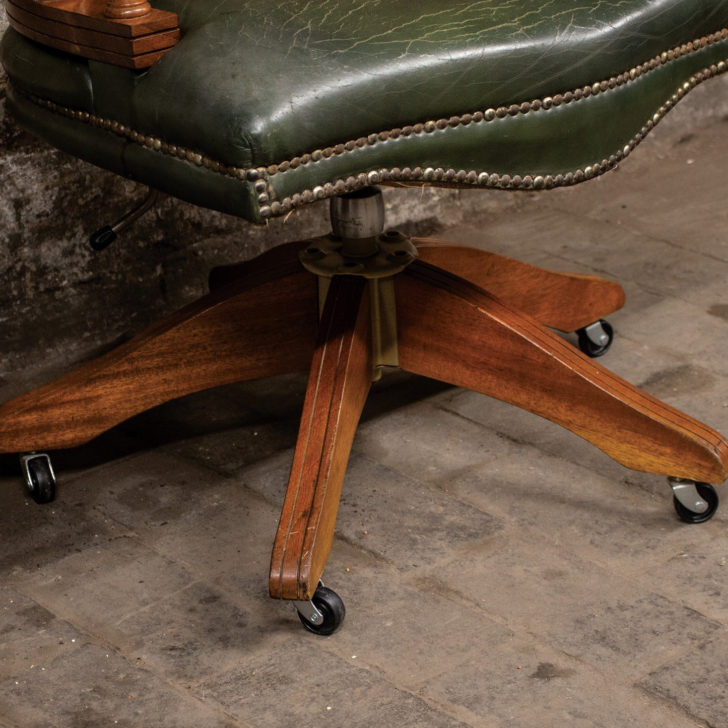 Vintage Green Leather Swivel Captains Chair