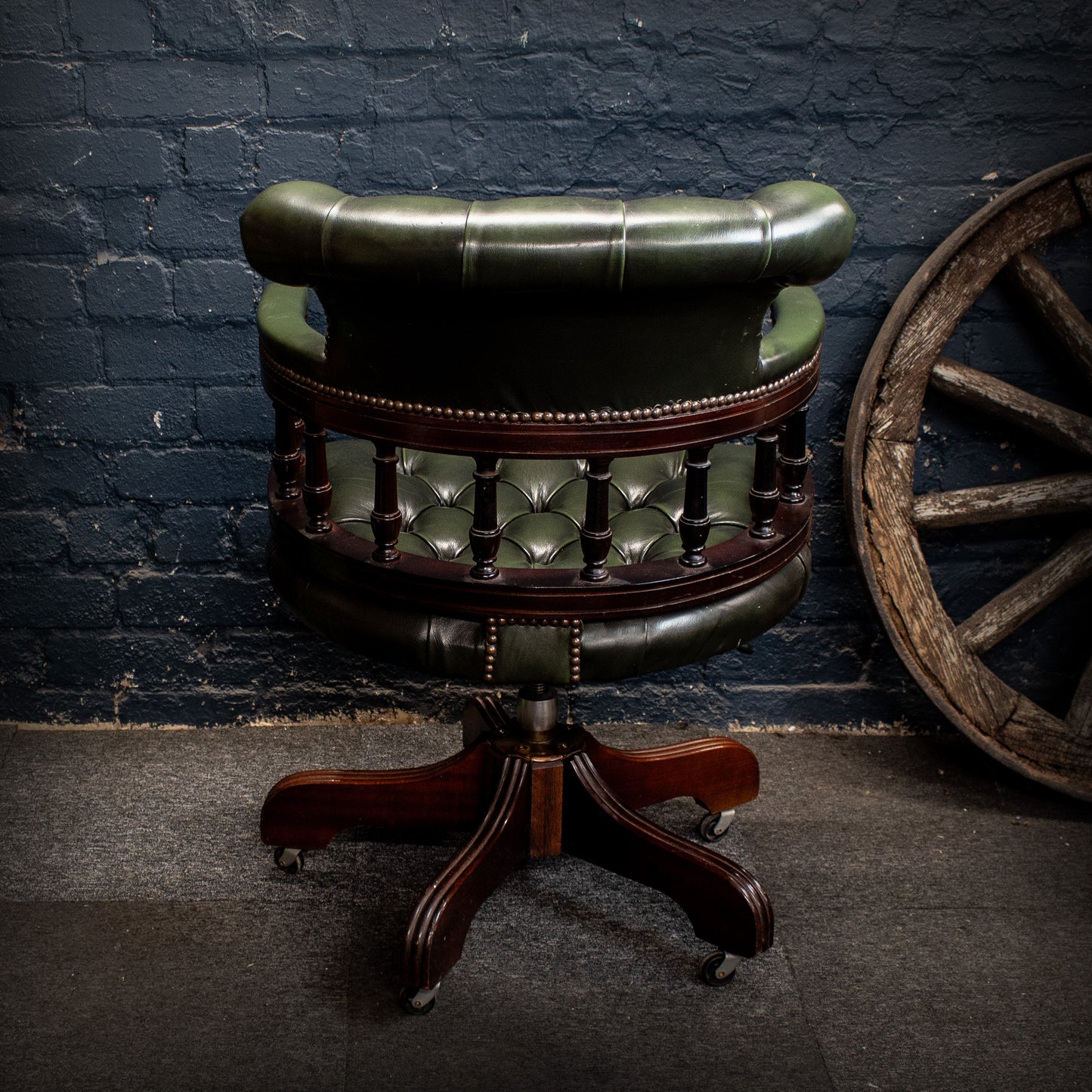 Antique Vintage Style Captains Swivel Green Leather Desk Chair