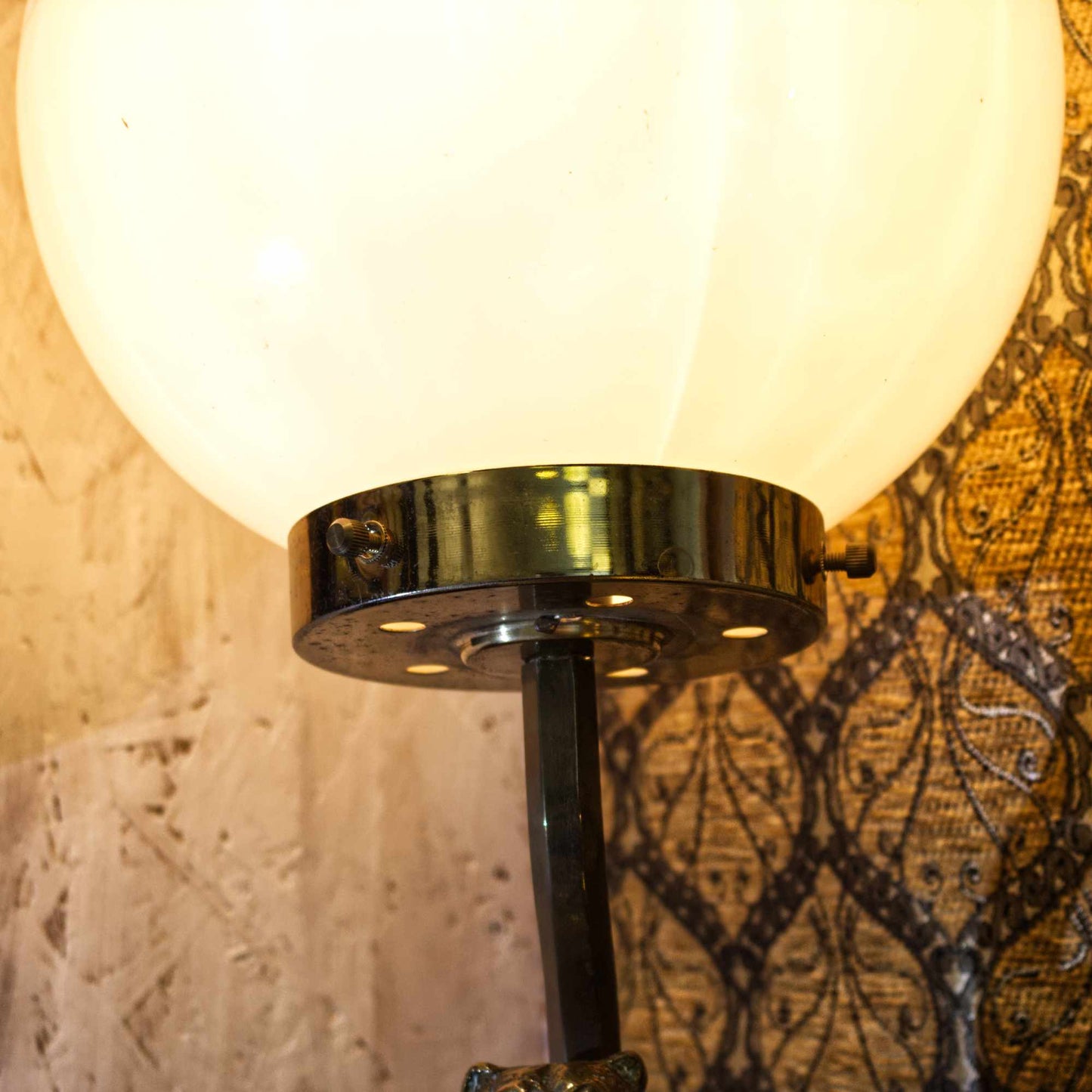Vintage Brass Bear Table Lamp With Unusual Glass Dome Shade