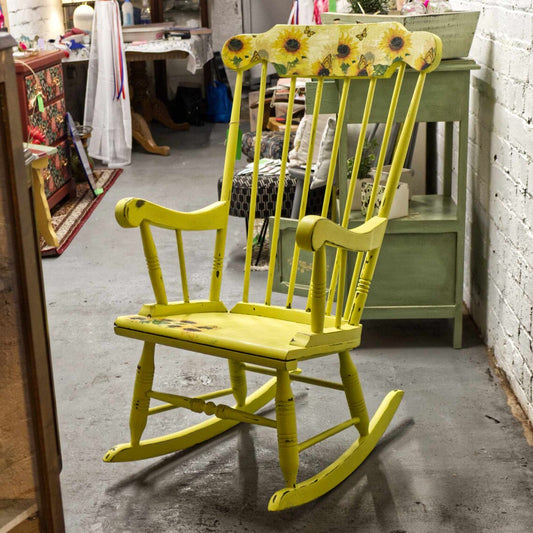 Vintage Up-Cycled Yellow Painted Sunflower Wooden Rocking Chair
