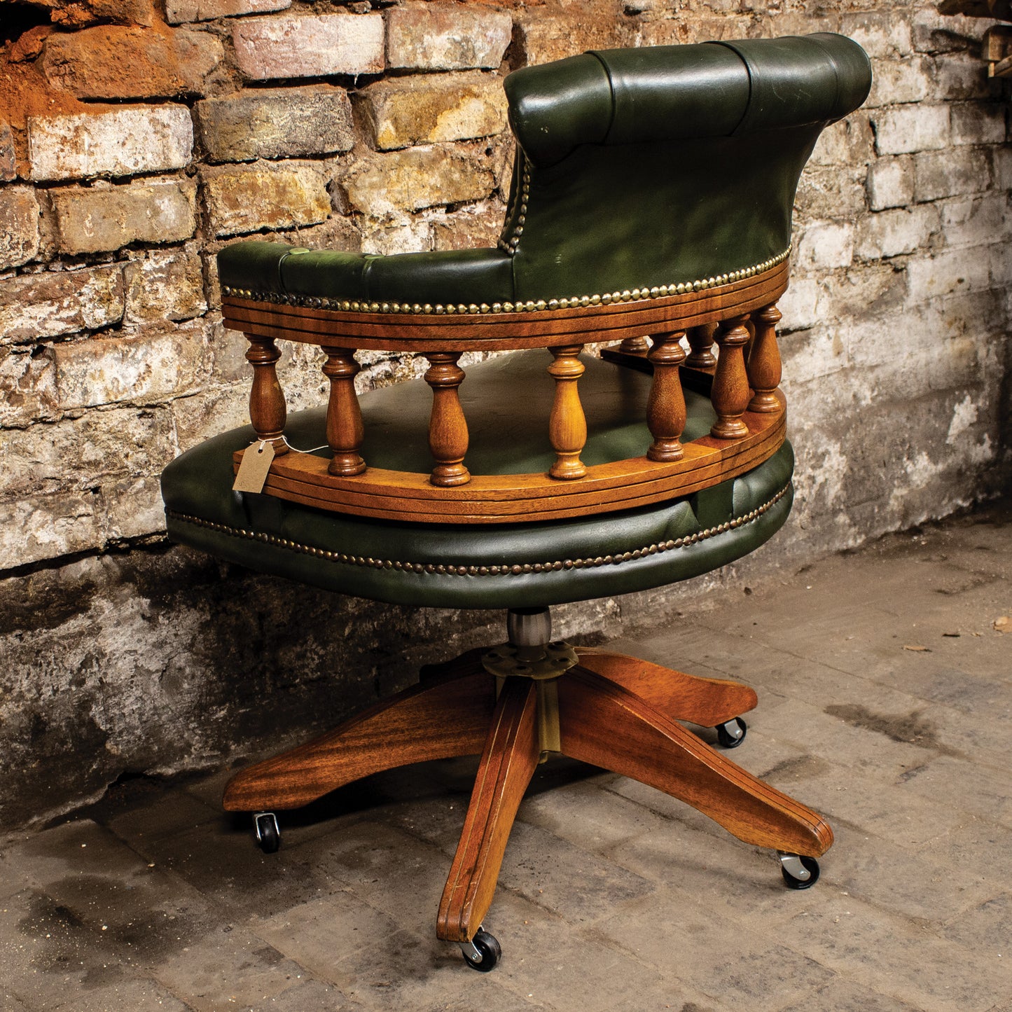 Vintage Green Leather Swivel Captains Chair