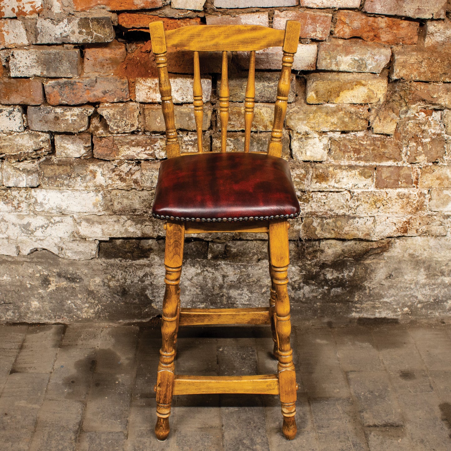 Vintage Oxblood Leather / Oak Bar Stool