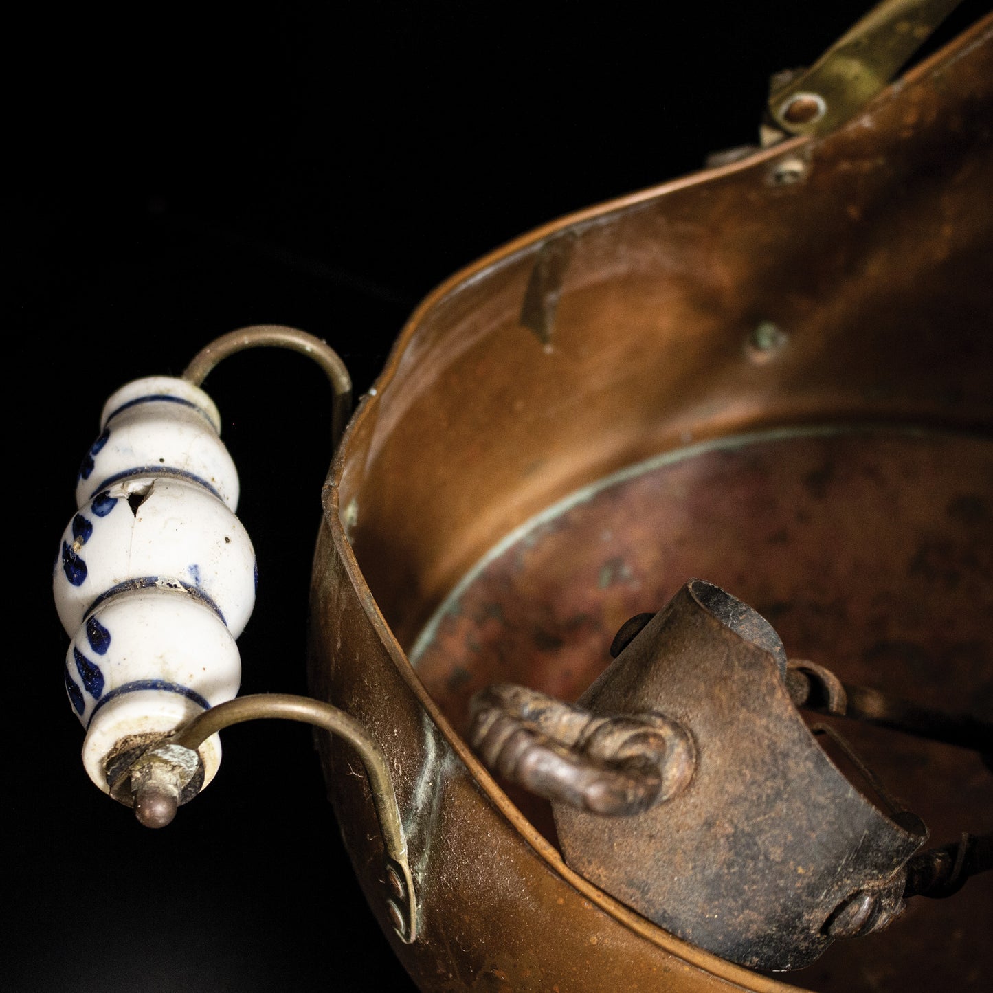 Antique Vintage Porcelain Handle Copper / Brass Coal Scuttle With Tongs