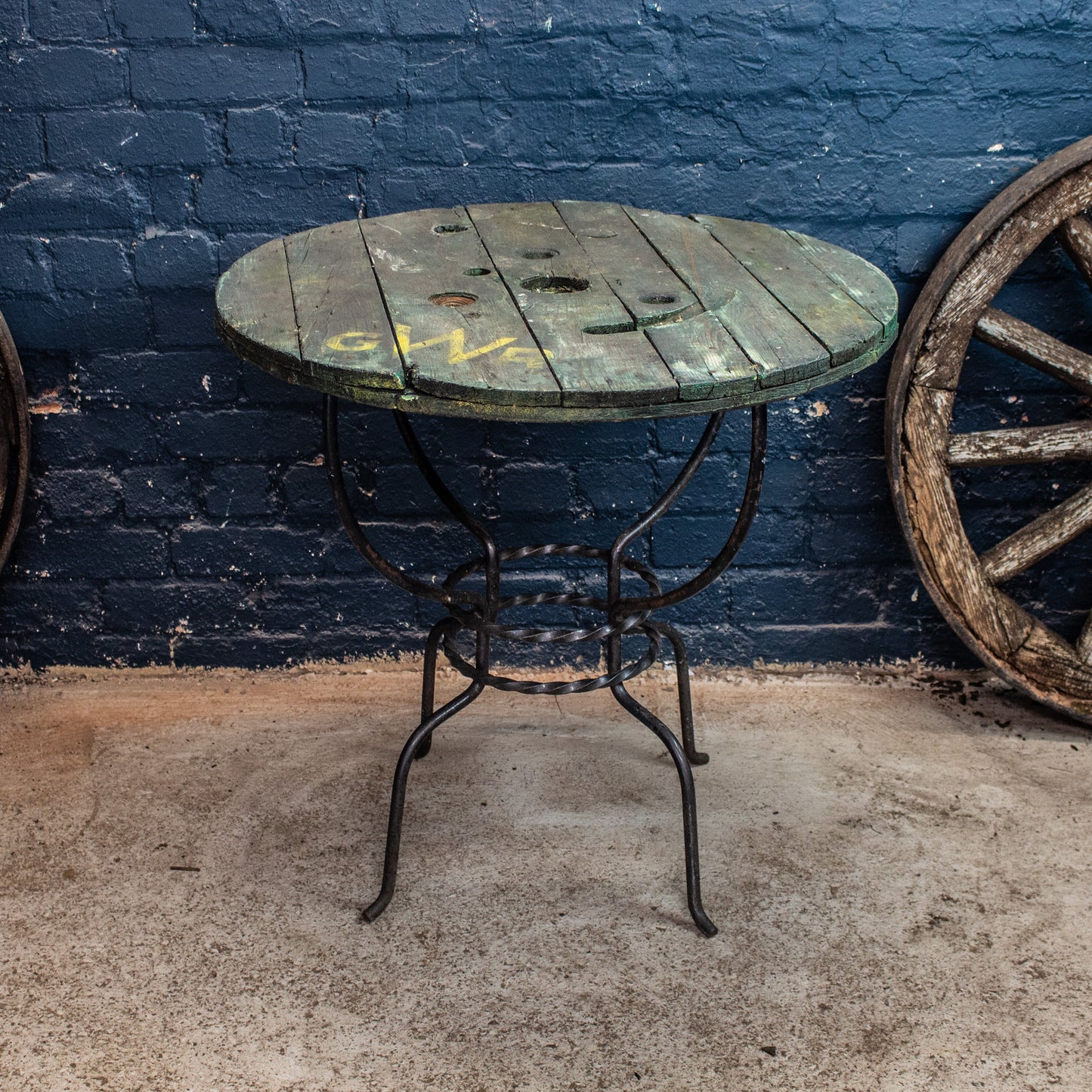 Reclaimed Wooden Cable Reel GWR Style Table With Metal Base