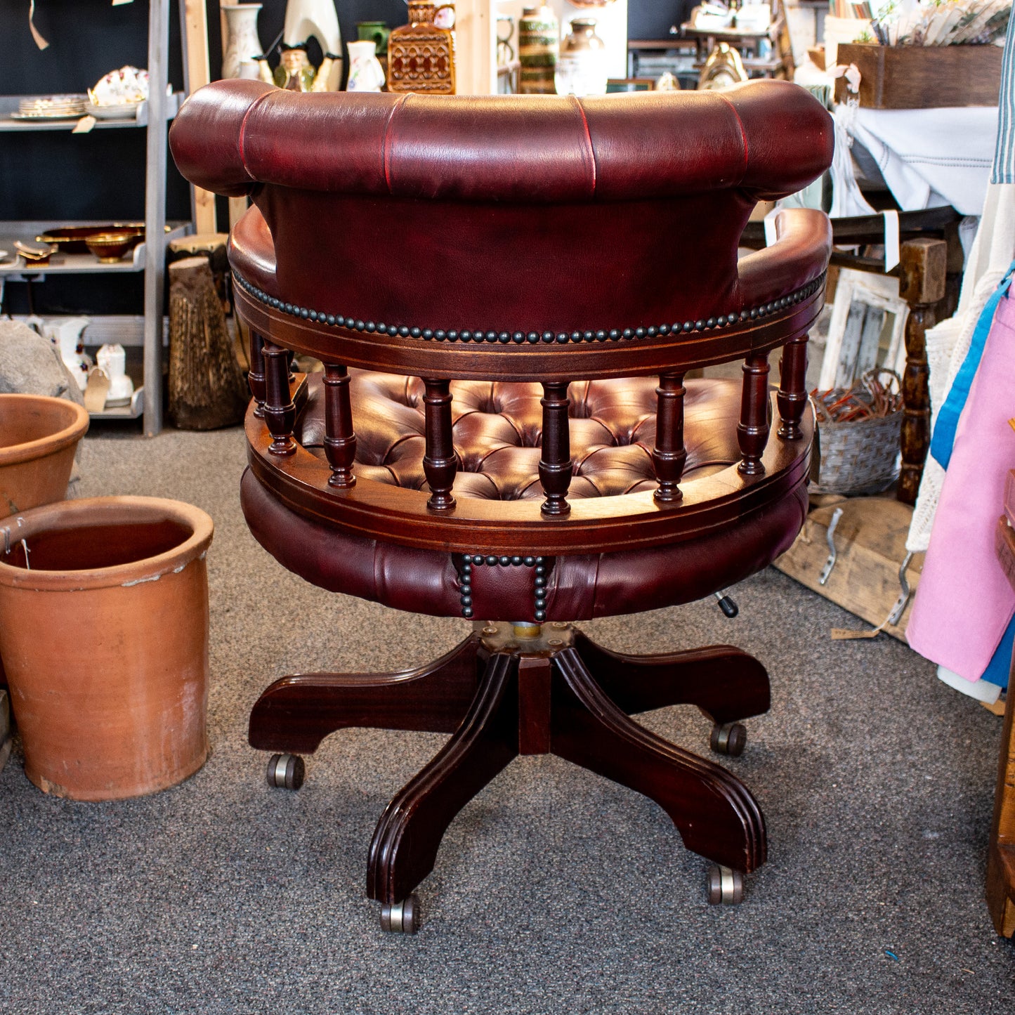 Antique Vintage Style Captains Swivel Red Leather Desk Chair