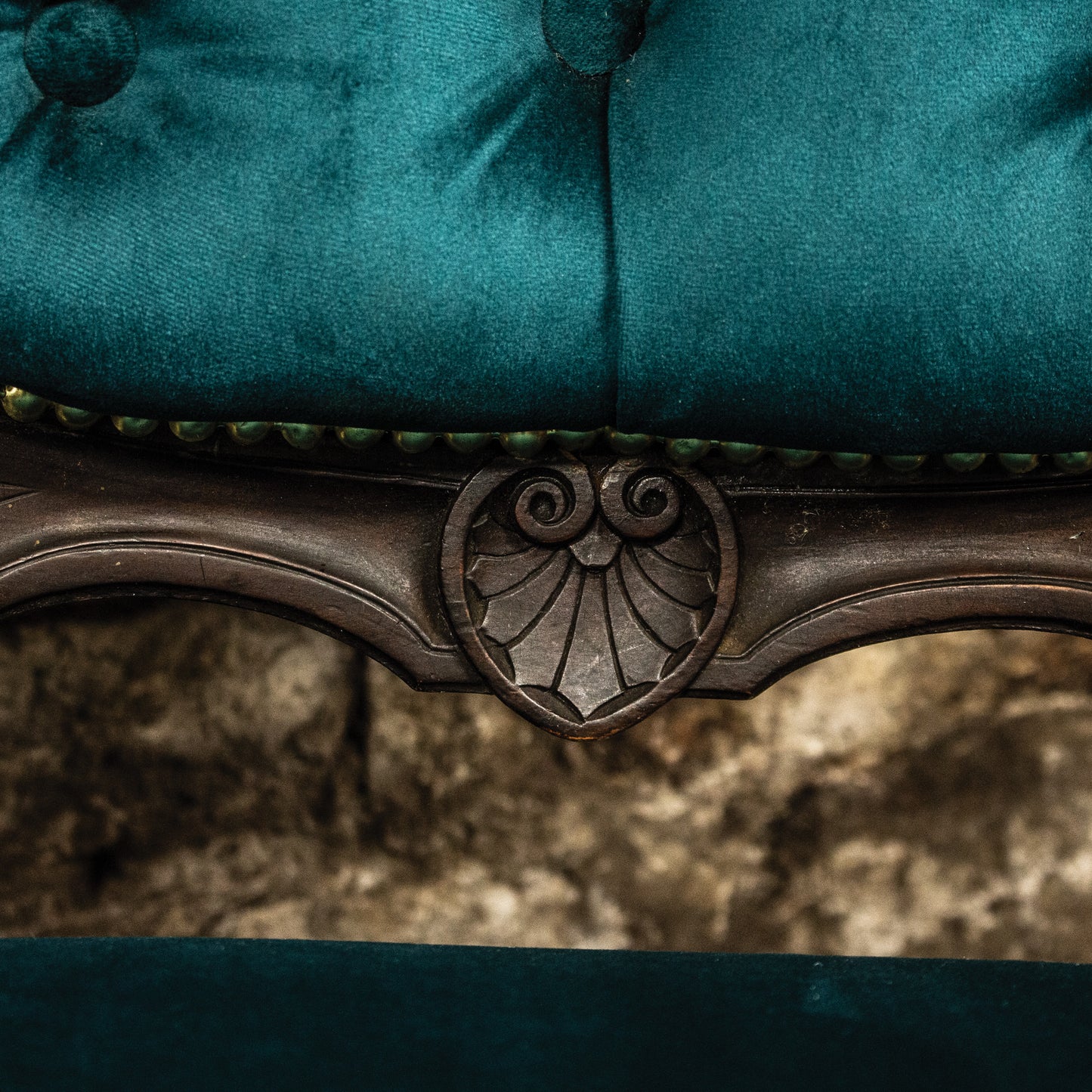 Antique Victorian Button Back Louis XV French Style Green Velvet Armchair