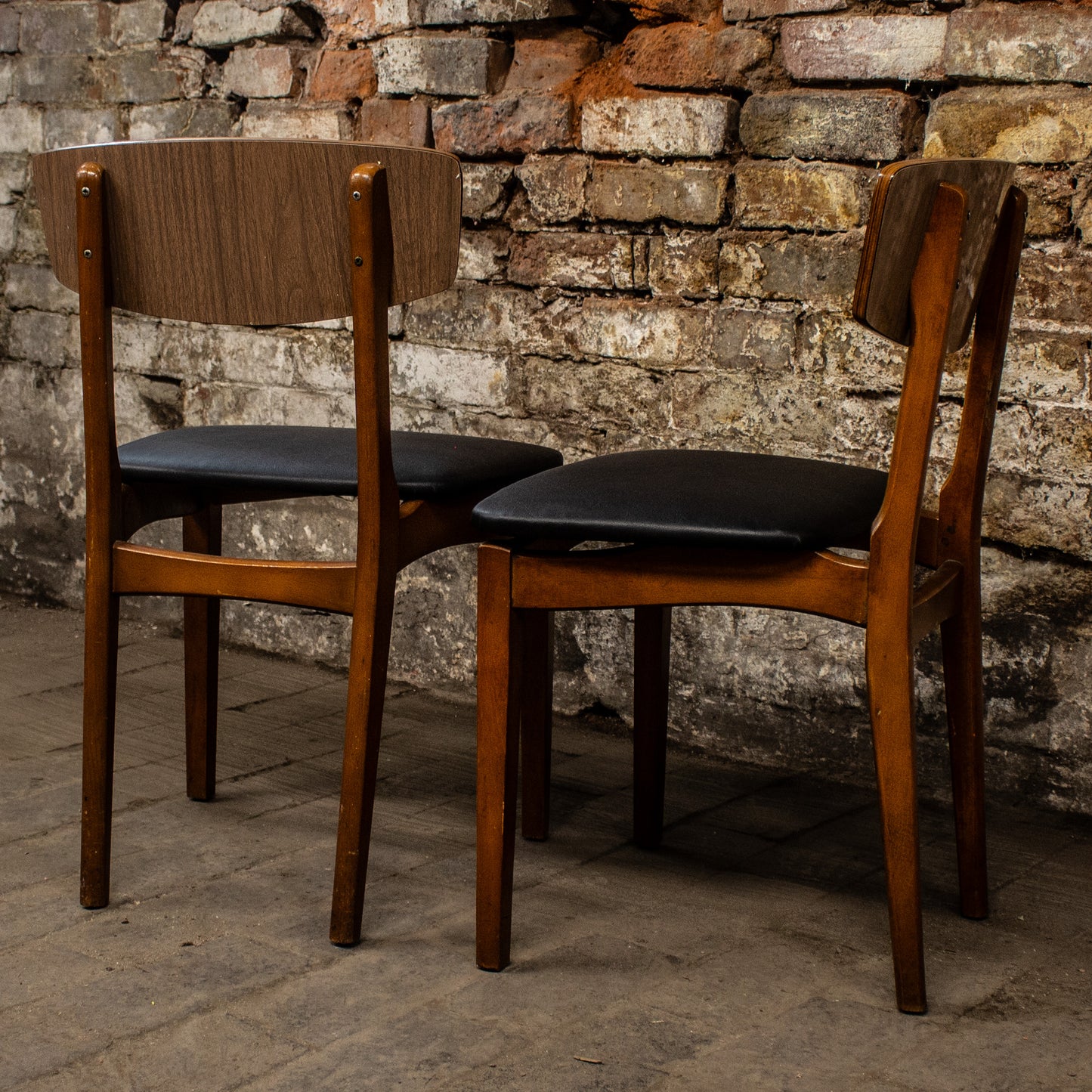 Vintage Pair Of 70s Faux Leather & Teak Wooden Chairs Dining Chairs Mid Century