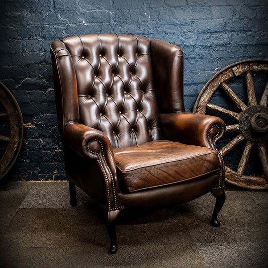 Brown Leather Vintage Chesterfield Style Wingback Armchair