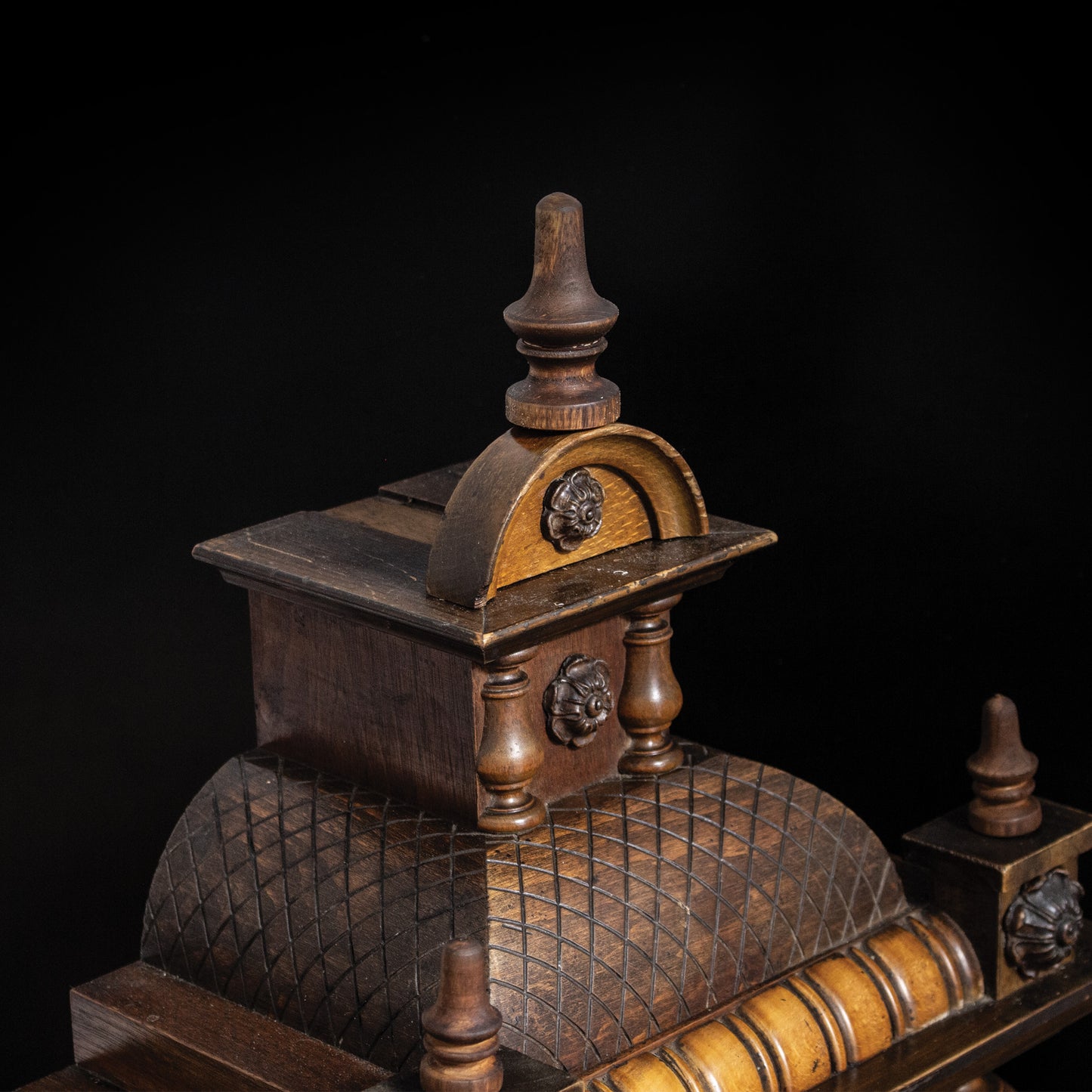 Antique Vintage Large Wooden Mechanical Mantel Clock With Brass Face
