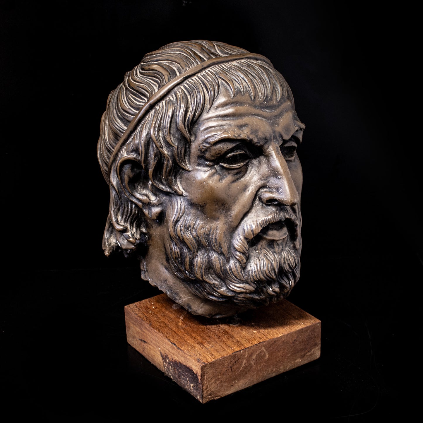 Greek Head Of Sophocles On Wooden Plinth Bronze Effect