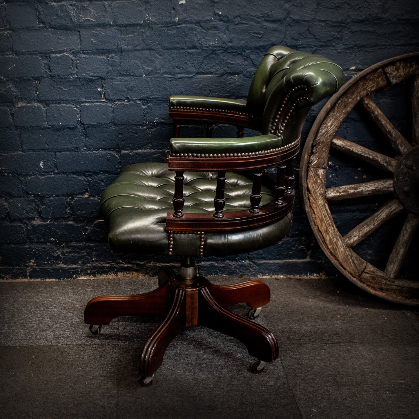 Antique Vintage Style Captains Swivel Green Leather Desk Chair