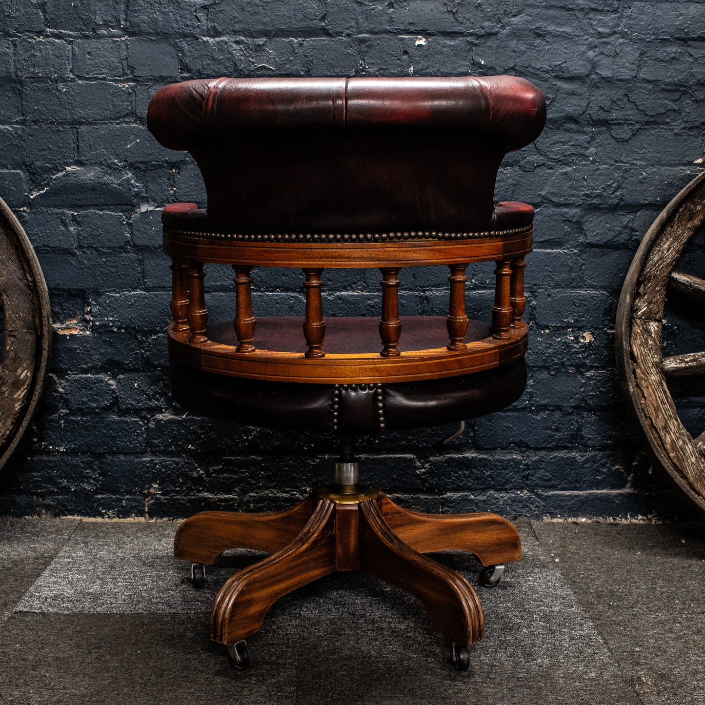 Antique Vintage Style Captains Swivel Red Leather Desk Chair