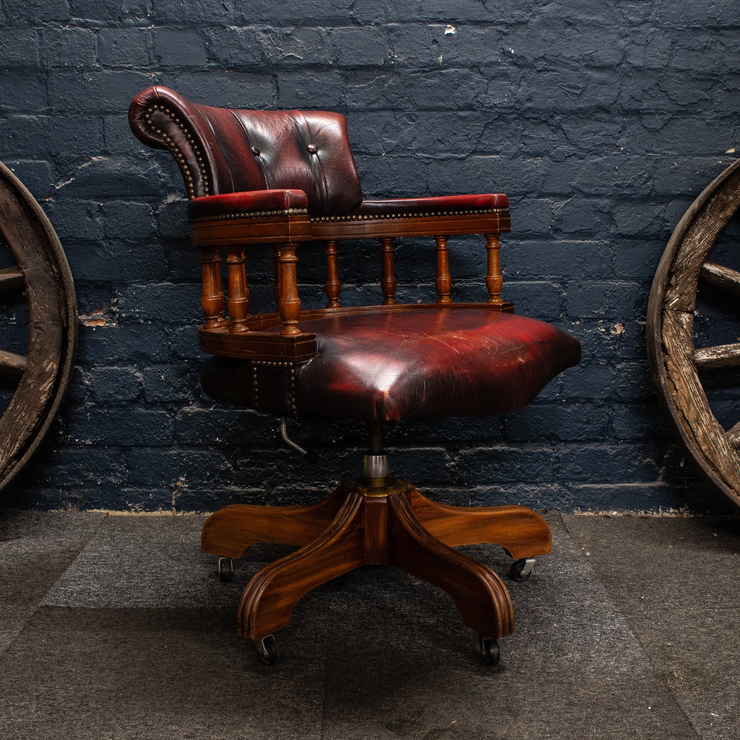 Antique Vintage Style Captains Swivel Red Leather Desk Chair
