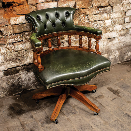 Vintage Green Leather Swivel Captains Chair