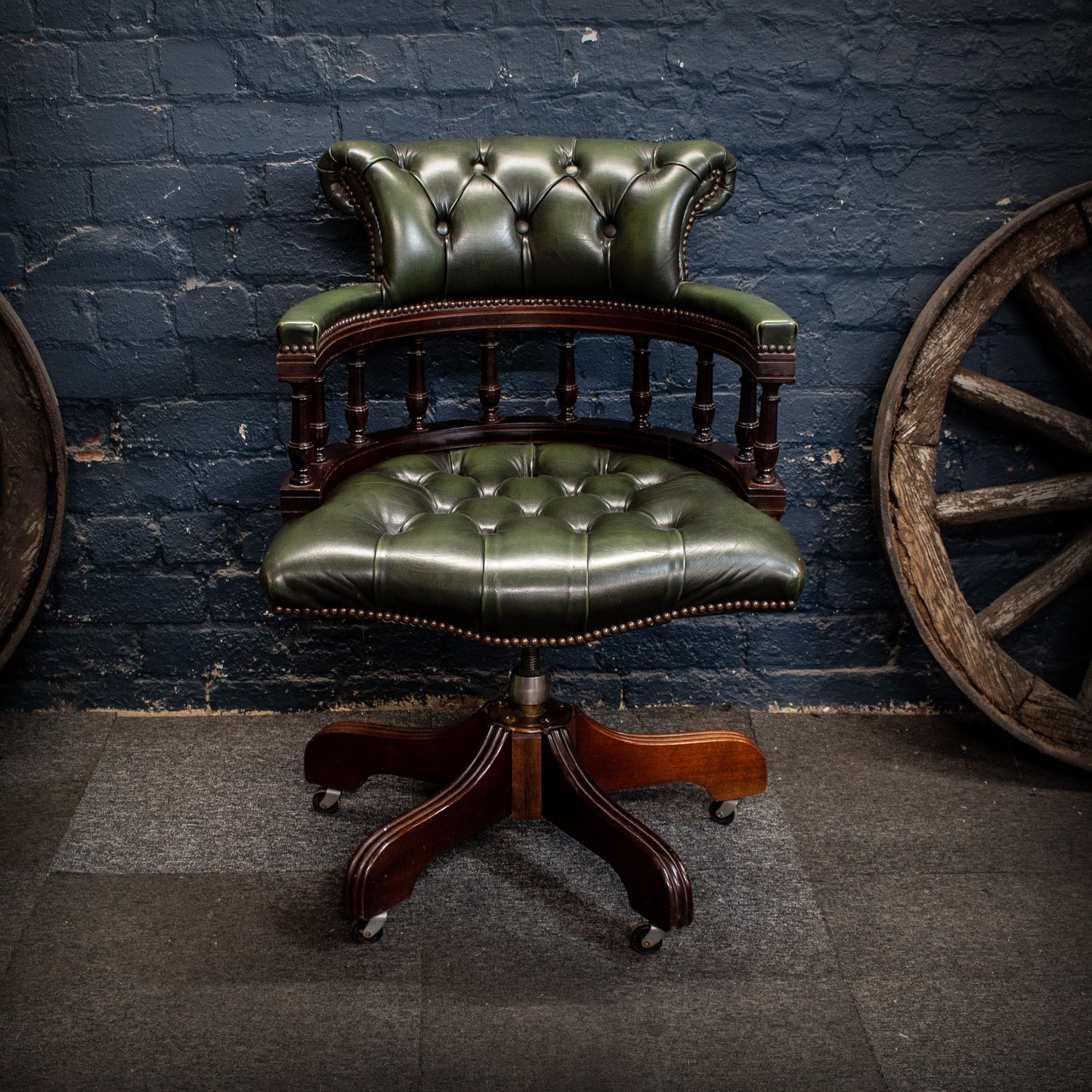 Antique Vintage Style Captains Swivel Green Leather Desk Chair