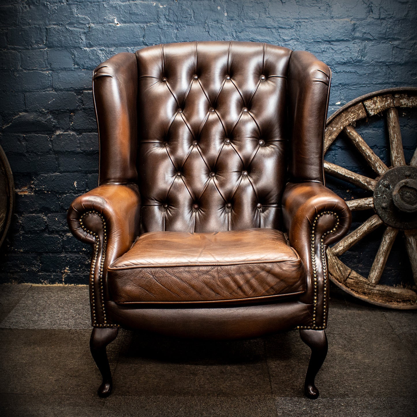 Brown Leather Vintage Chesterfield Style Wingback Armchair