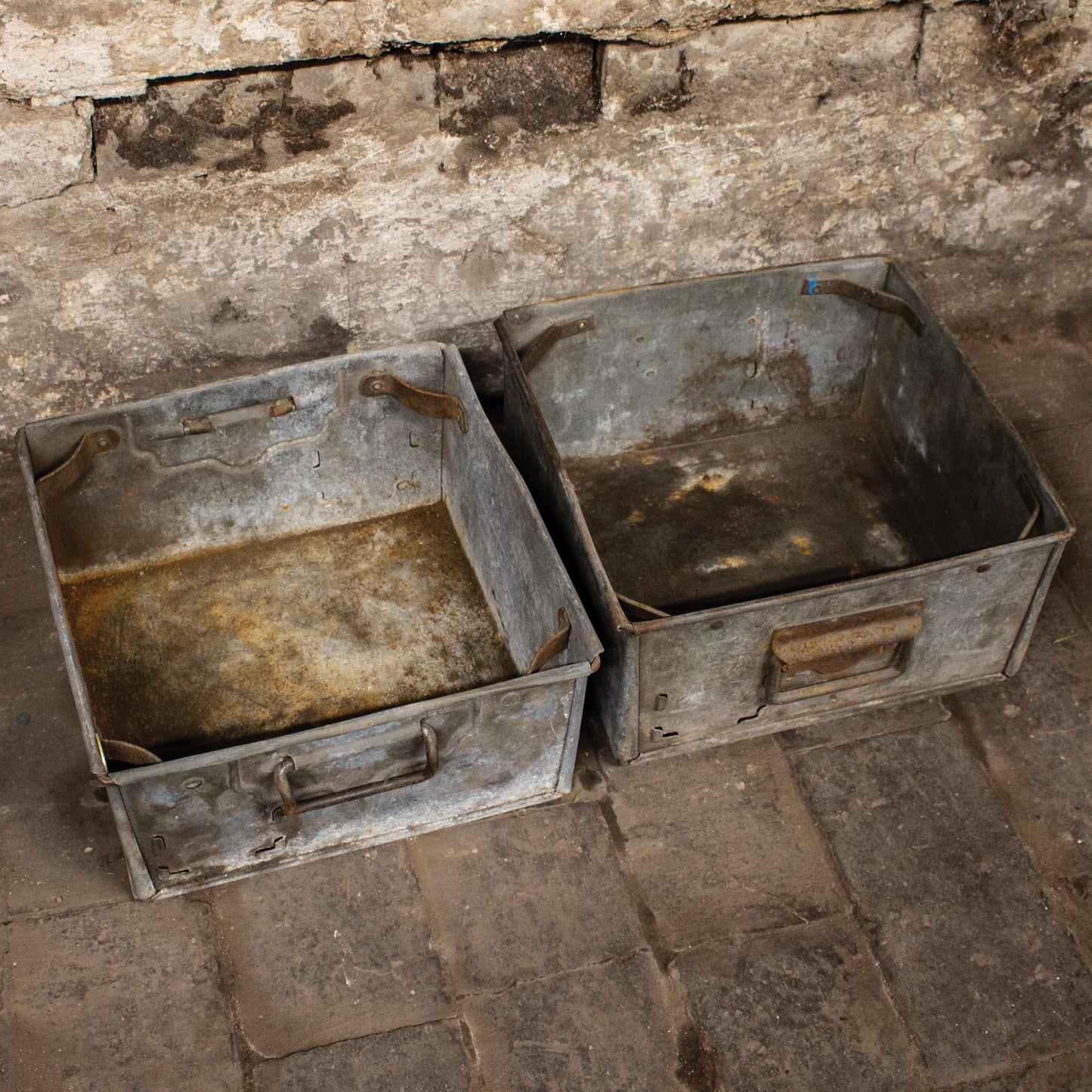 Vintage Pair Metal Galvanised Factory Part Bins Storage Boxes