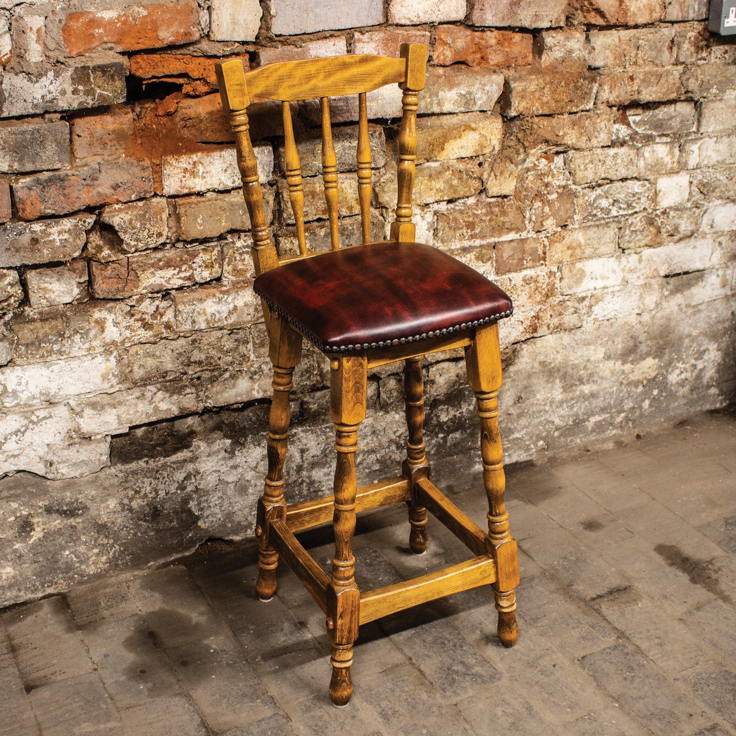 Vintage Oxblood Leather / Oak Bar Stool