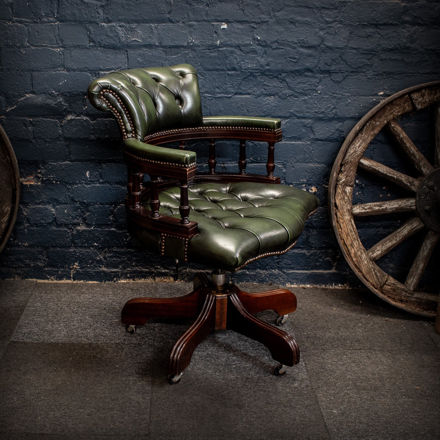 Antique Vintage Style Captains Swivel Green Leather Desk Chair