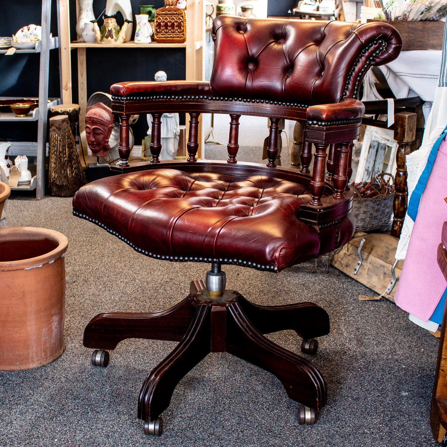 Antique Vintage Style Captains Swivel Red Leather Desk Chair