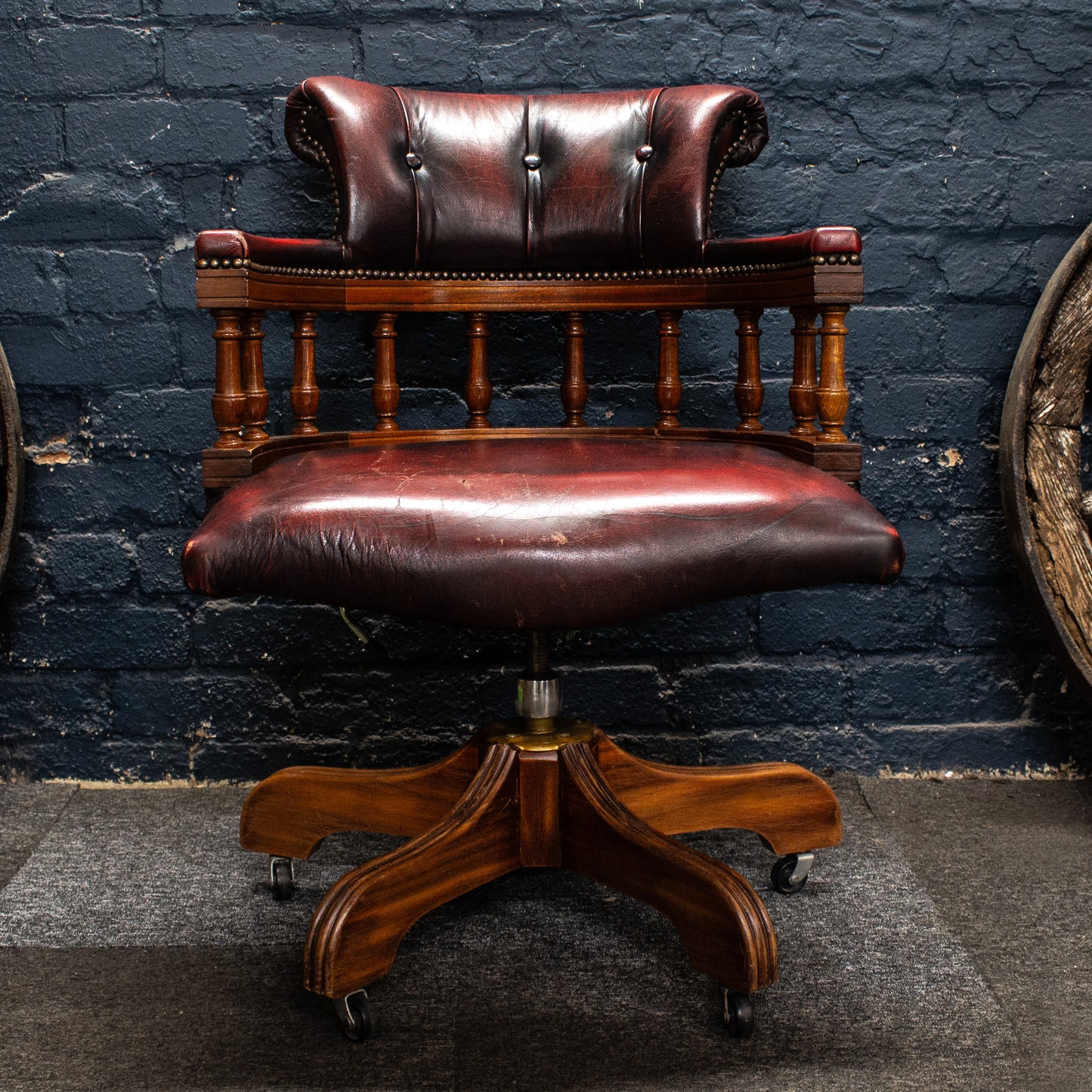 Antique Vintage Style Captains Swivel Red Leather Desk Chair
