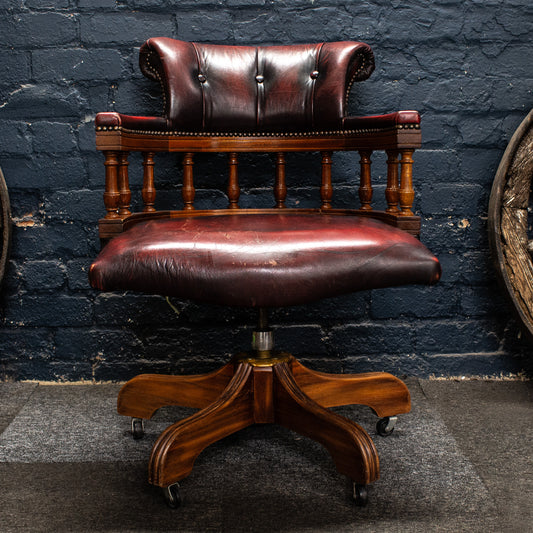Antique Vintage Style Captains Swivel Red Leather Desk Chair