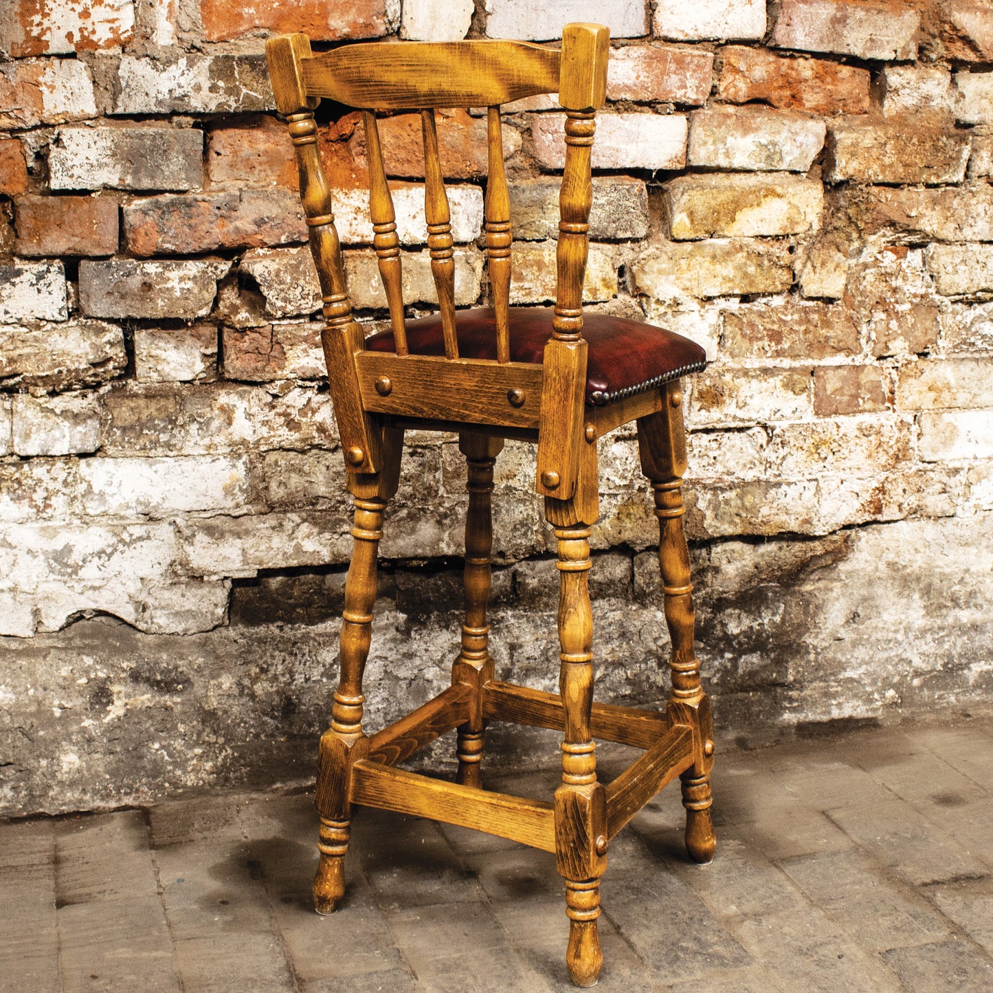Vintage Oxblood Leather / Oak Bar Stool